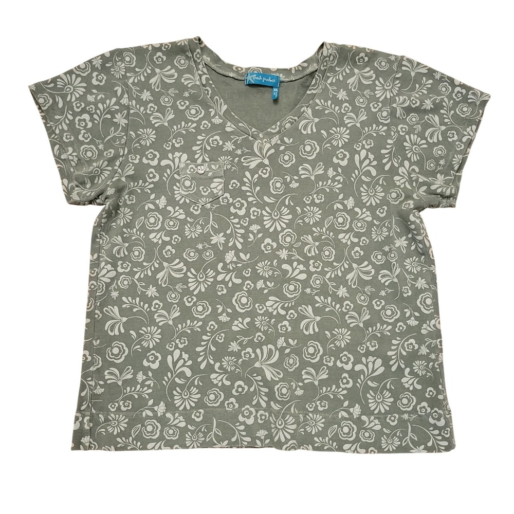 Fresh Produce XL T Shirt Green Floral Cotton Pocket V Neck Summer Feminine Tee